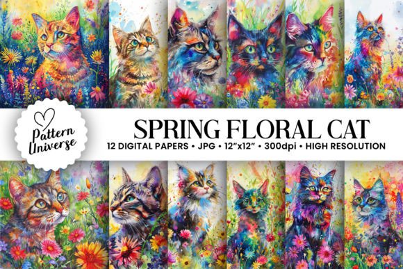 Enchanting Watercolor Spring Floral Cat Backgrounds for Creatives