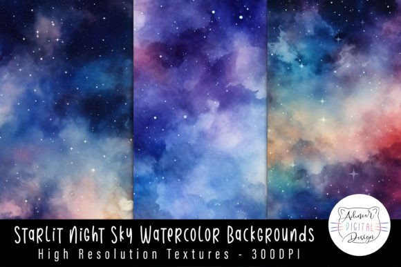 Starlit Night Sky Watercolor Backgrounds for Design